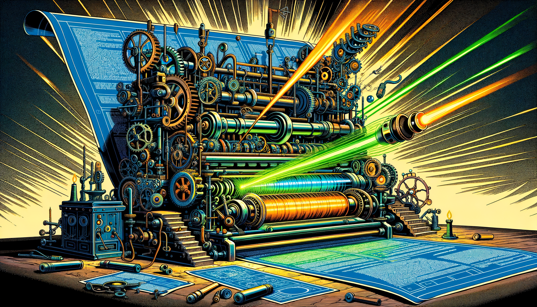 First Build — a blueprint being fed into a code-generating machine